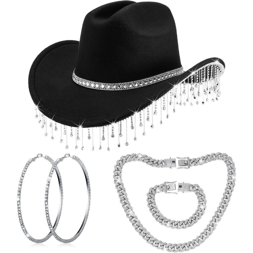 Rhinestone Cowboy Hat Felt Accessories Set Women Western Bling Jewelry